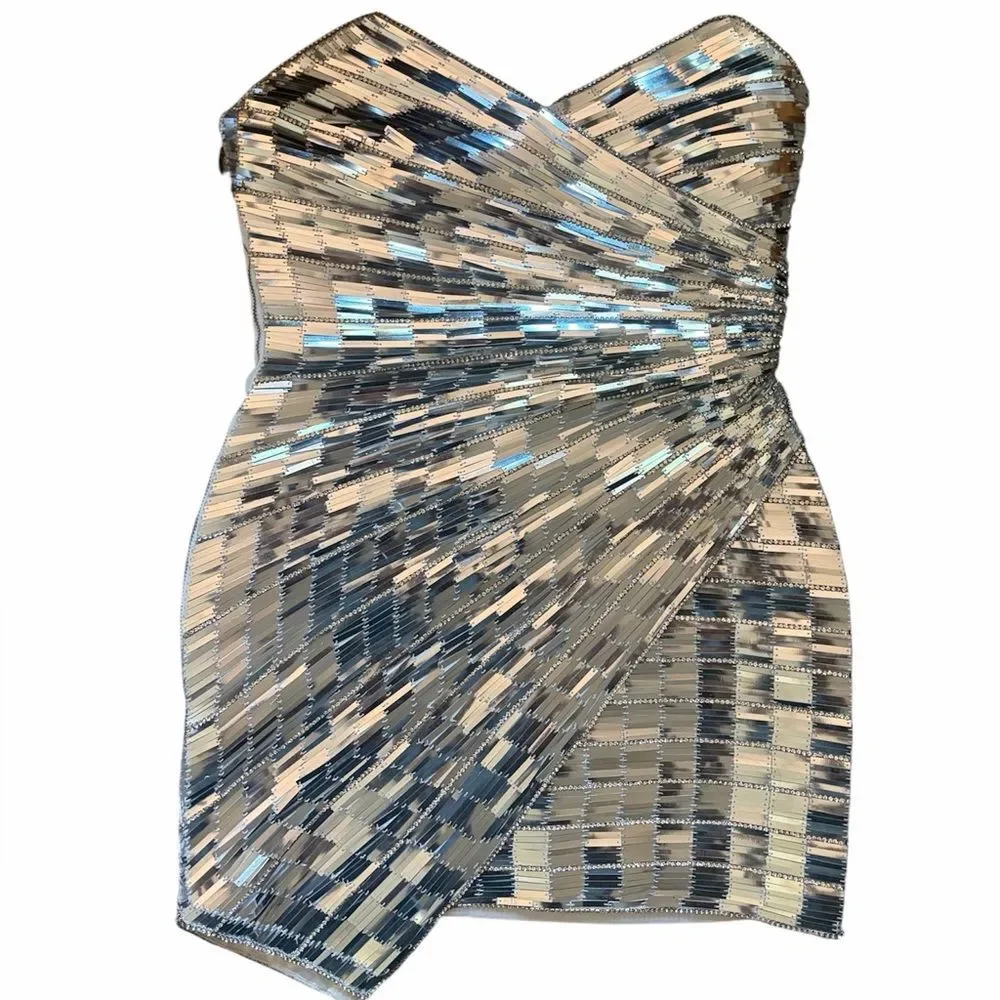 Retrofete Aura Strapless Rhinestone Embellished Mini Dress Silver Size Small - Picture 2 of 16